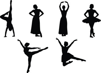 Dance, silhouette, ballerina, pose, jump, motion, ballet, contemporary, art, elegance, black, figure, movement, grace, style, arabesque, handstand, tutu, expressive, choreography