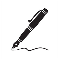 Elegant fountain pen silhouette with ink line on white background