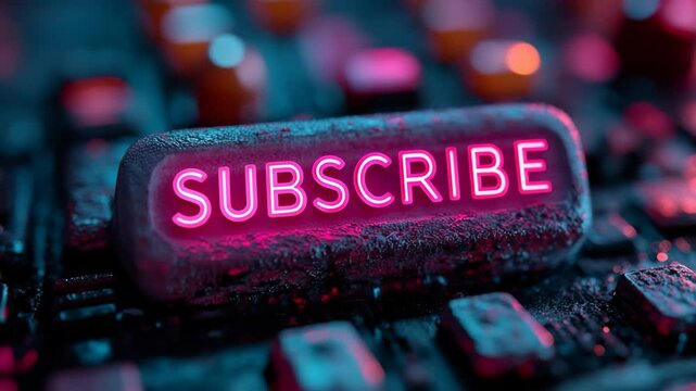 Click to Subscribe: A glowing neon button in a futuristic cyberpunk setting. The perfect call to action for vloggers, streamers, and social media content creators. - Powered by Adobe