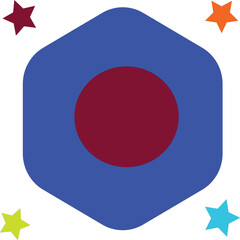 Blue Hexagon Badge with Red Circle and Colorful Stars.