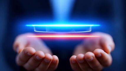 A glowing blue holographic disk smoothly rotates above open hands as soft light shifts around its surface, revealing gradual motion changes across five key moments of the futuristic scene - Powered by Adobe