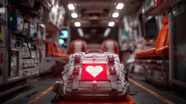 Inside an ambulance, a medical kit with a glowing heart symbol, embodying life-saving aid and emergency services