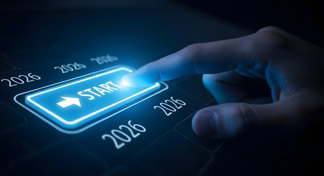 Finger pressing start button for 2026 on a digital screen