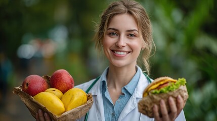 Happy female healthcare professional holding fruits and a burger, promoting healthy eating choices.