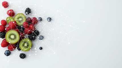 A vibrant assortment of fresh berries and kiwi slices arranged on a white surface, overlaid with a delicate white geometric network.