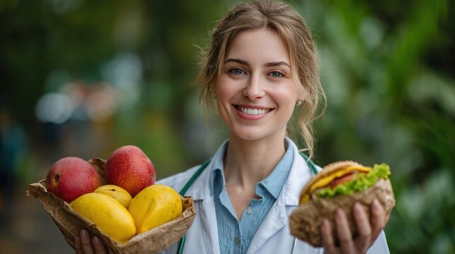 Happy female healthcare professional holding fruits and a burger, promoting healthy eating choices.