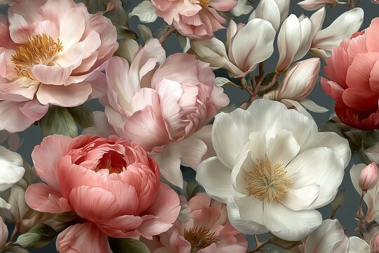 Chic and elegant seamless pattern with large blooming peonies and magnolia flowers, soft pastel colors