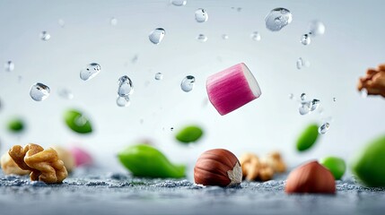 A dynamic composition of nuts, green leaves, and a slice of pink radish suspended in the air with falling water droplets.