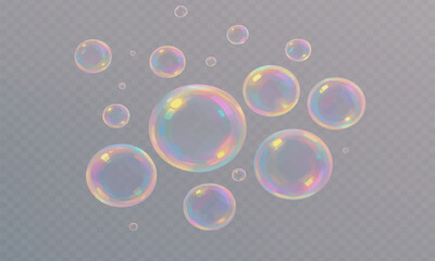 Vector illustration of transparent floating soap bubbles on a black background with clear liquid reflections and round spheres