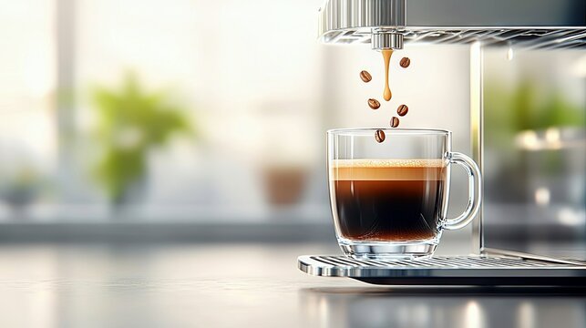 A close-up shot of an espresso machine brewing a fresh cup of coffee into a clear glass mug, with coffee beans falling into the cup.