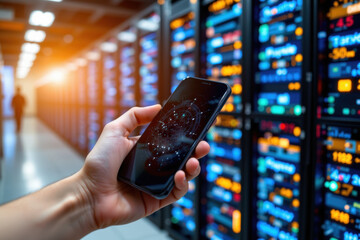 Hand holding smartphone in data center digital cloud computing network technology modern environment close-up view