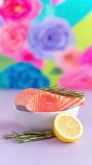 A close-up shot of a raw salmon fillet garnished with rosemary, placed in a white bowl next to a lemon slice, with a blurred colorful floral backdrop.