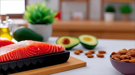 A close-up shot of raw salmon, sliced avocado, almonds, and olive oil, suggesting a healthy and delicious meal.