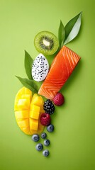 A colorful arrangement of fresh salmon, mango, kiwi, dragon fruit, blueberries, raspberries, and blackberries on a green backdrop.