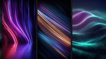 Neon abstract backgrounds with dark tones and glowing light strokes, dynamic electric colors, futuristic tech atmosphere, and vibrant digital design textures