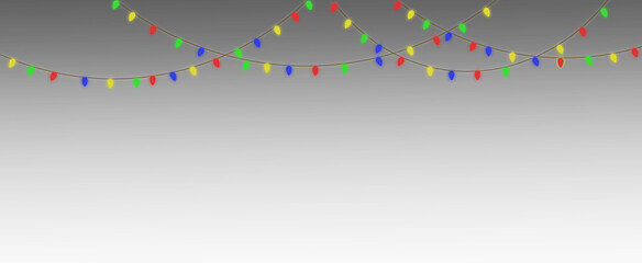 Fototapeta premium Multicolor garland lights festive party swag overlay cheerful curved accent event celebration border