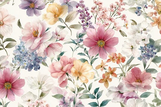 Chic and elegant seamless pattern watercolor pattern with delicate pastel-colored flowers and foliage arranged organically against a white background