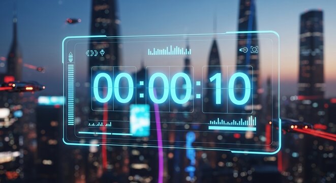 Futuristic display showing 000010 floating over a cityscape at dusk with flying vehicles