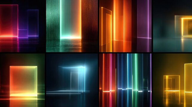 Neon abstract architectural forms showcasing glowing geometric shapes, dynamic lighting, and vibrant neon colors ideal for futuristic digital art and design projects.