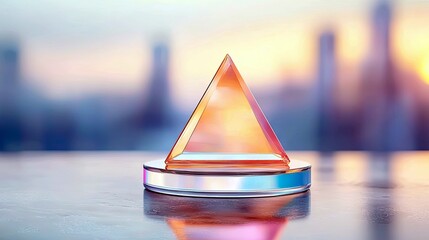 A clear, faceted pyramid with warm orange and pink hues sits on a polished metallic base, set against a soft-focus urban landscape at dusk.