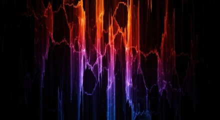 Abstract digital art featuring vibrant vertical light streaks in red, orange, and purple against a dark background