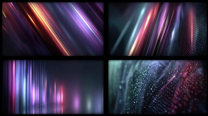 Neon abstract backgrounds with dark tones and glowing light strokes, dynamic electric colors, futuristic tech atmosphere, and vibrant digital design textures