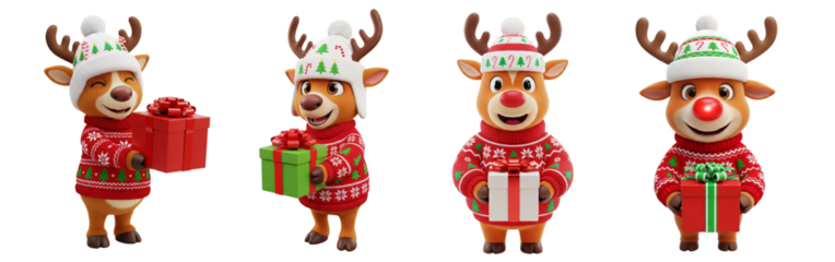 3D Christmas reindeers isolated on white or transparent background