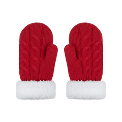 Red knitted christmas mittens with white fur