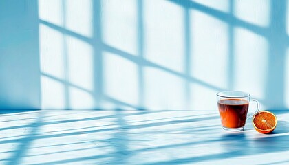 A glass mug filled with orange juice sits on a light blue wooden table next to a slice of orange, with dramatic sunlight and shadow patterns on the wall and flo