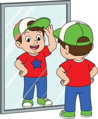 Cute cartoon boy looking in mirror, child adjusting cap, confident kid reflection illustration, playful children character art, self-image concept scene
