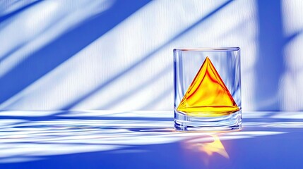 A clear glass tumbler contains a golden-amber liquid with a distinct triangular prism shape, set against a backdrop of blue and white with dramatic light and sh