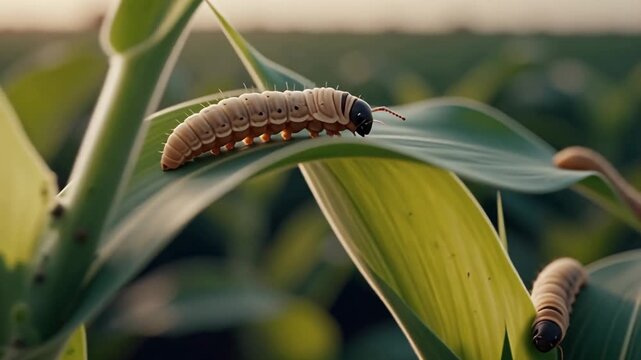 Close-up fall armyworm larvae feeding on corn leaves, cinematic warm-neutral tone, showcasing scale of infestation and detailed biology, soft dust particles drifting in air, rising pest threat