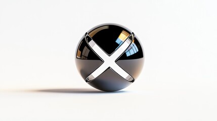 A reflective black sphere with a white cross shape carved into its surface, set against a clean white backdrop.