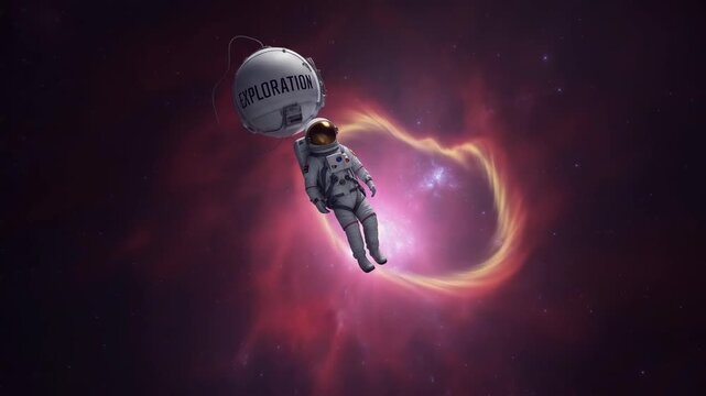 An astronaut floating in space near a vibrant swirling nebula with a tether labeled 'EXPLORATION' attached to their suit