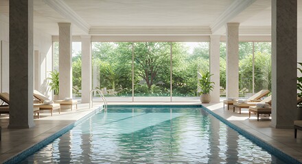 Indoor Swimming Pool with Large Windows and Green Garden View in Luxurious Home
