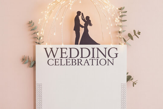 Elegant wedding celebration invitation template with dancing couple silhouette and string lights, perfect for stylish event announcements and romantic designs