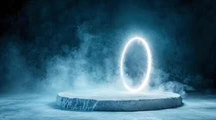 A glowing white neon ring portal stands on a rough stone pedestal, enveloped in swirling blue smoke and fog against a dark background.