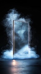 A luminous portal reflecting a starry sky and a glowing staircase emerges from swirling blue smoke against a dark background.
