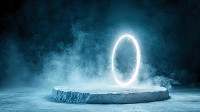 A glowing white neon ring portal stands on a rough stone pedestal, enveloped in swirling blue smoke and fog against a dark background.