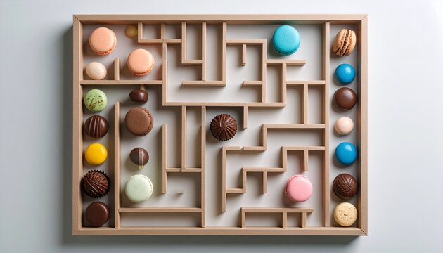 カラフルなお菓子と迷路の構成｜Colorful candy maze in playful top-down layout
