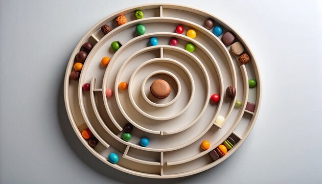 カラフルなお菓子と迷路の構成｜Colorful candy maze in playful top-down layout
