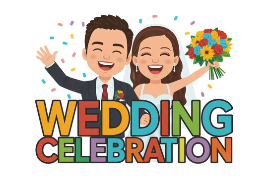 Celebrate everlasting love with this adorable cartoon wedding invitation featuring a happy bride, groom, and colorful confetti for joyful designs