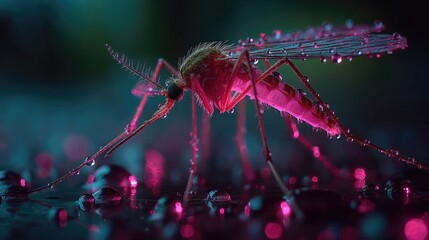 Mosquito surrounded by neon rain droplets glowing softly, macro shot capturing insect detail and shimmering water drops creating surreal luminous atmosphere in dark ambient