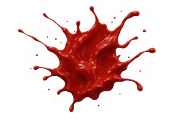 Vibrant red liquid splash creating an abstract explosion of paint drops, ink, and fluid on transparent background
