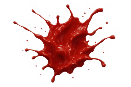 Vibrant red liquid splash creating an abstract explosion of paint drops, ink, and fluid on transparent background