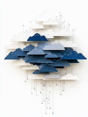 A layered arrangement of white, light blue, and dark blue clouds with thin strings and small black dots hanging down.