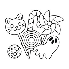 A delightful collection of thin line vector icons representing various candies and sweets.