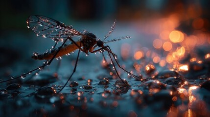 Mosquito surrounded by neon rain droplets glowing softly, macro shot capturing insect detail and shimmering water drops creating surreal luminous atmosphere in dark ambient