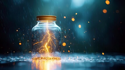 A glass jar containing a bright yellow lightning bolt sits on a wet surface during a rainstorm, with blurred orange bokeh lights in the background.