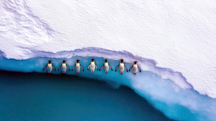 An aerial view shows a line of King Penguins standing on a white ice floe next to deep blue water.